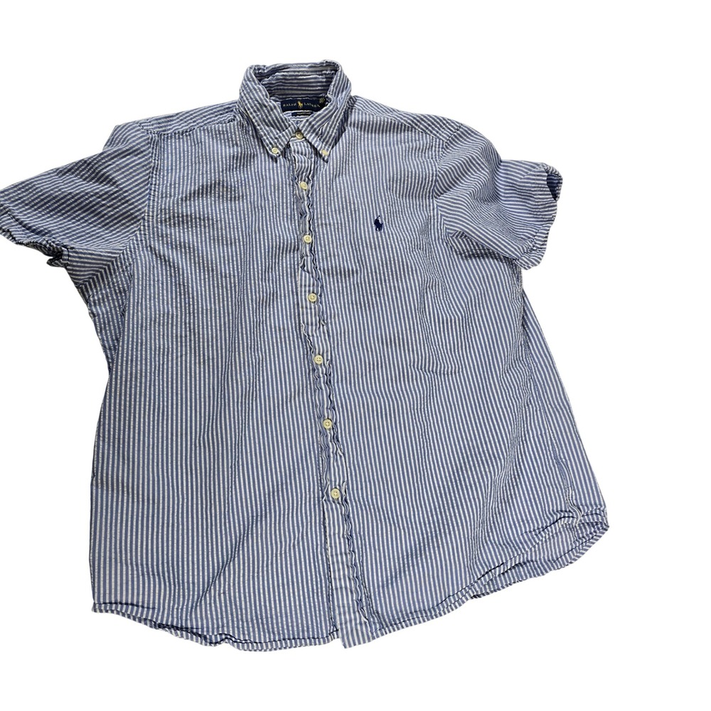 Ralph‎ Lauren Seersucker Striped Button Down Shirt XL Blue White Short Sleeve